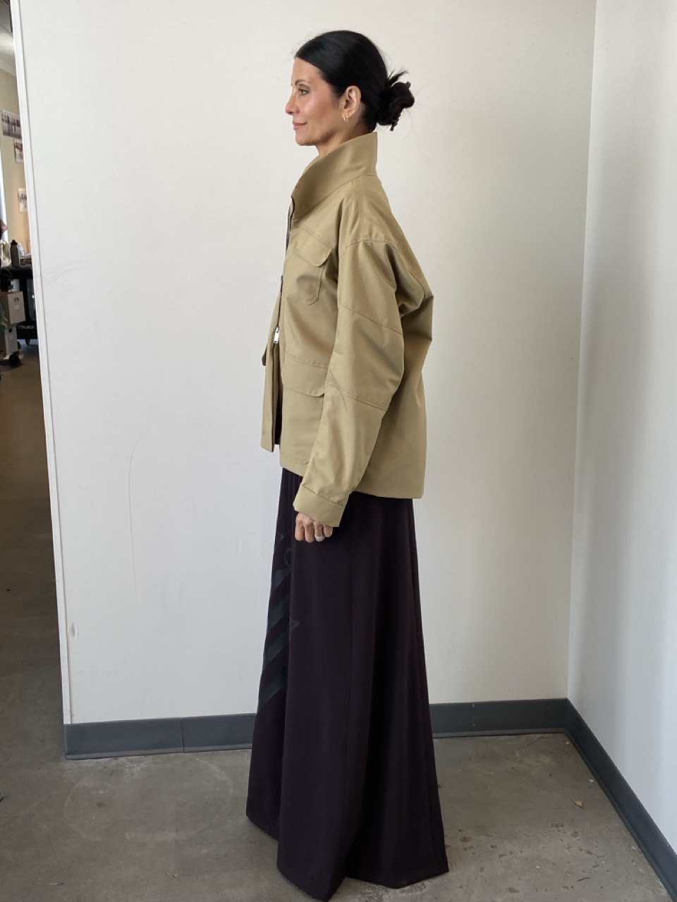Studio fitting: side view, cotton-twill topper over crepe maxi